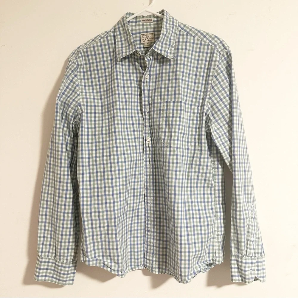 J. Crew Slim Untucked Shirt M Blue Green Check Organic Cotton Stretch